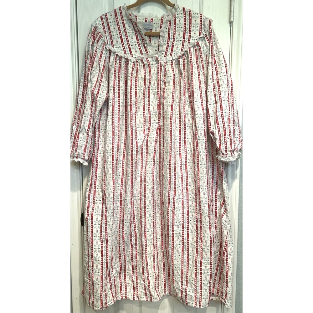 Vtg Lanz Of Salzburg Heart Floral Stripe Flannel Long Nightgown XL Eyelet Trim